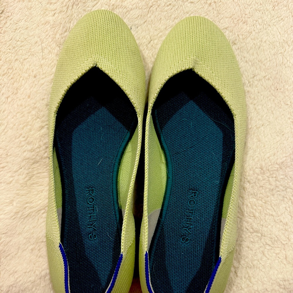 Light green Rothy’s flats, size 9.5
